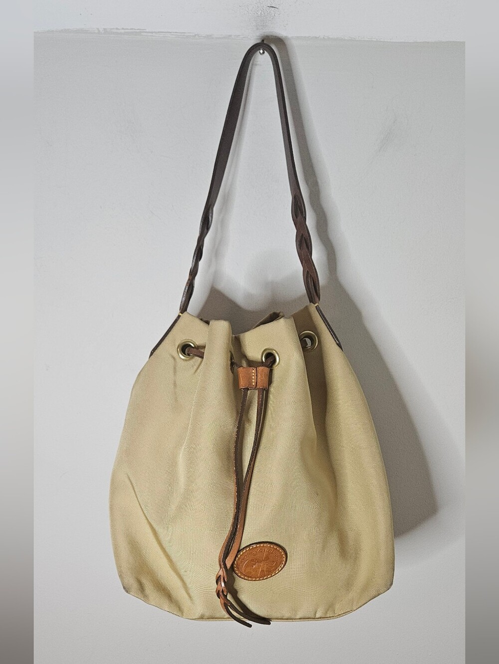 Dooney & Bourke Nylon Tan Drawstring Shoulder Bag Braided Leather Strap